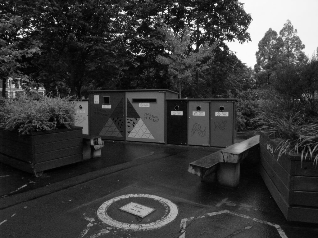 Black and white image of recycling bins, North Dunedin